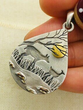 Teardrop Sterling Silver Deer Scene Charm, Golden Sun Forest Buck & Doe Landscap